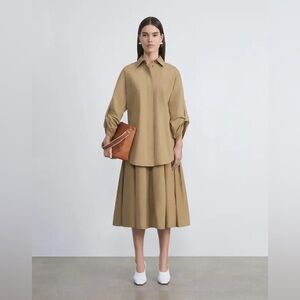 Lafayette 148 Poplin Oversize Tab Sleeve Cotton Button Down Shirt Khaki Large